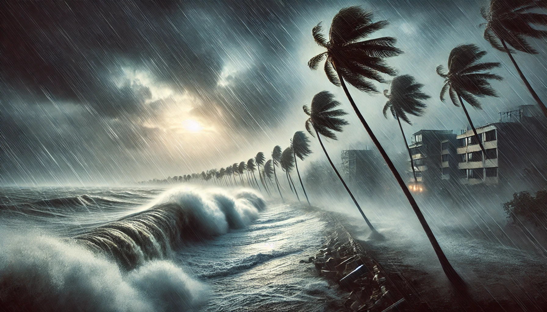 "Stormy sea shore during Cyclone Phanghal with large waves, strong winds bending palm trees, and a dark cloudy sky."