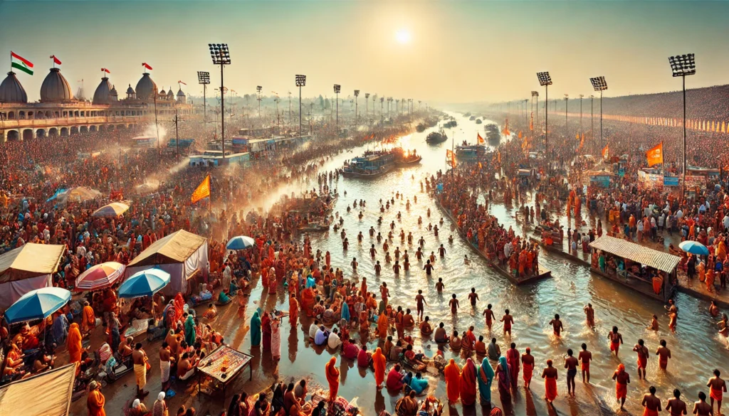 **ALT Text:** "Thousands of pilgrims at the Mahakumbh festival in Prayagraj, taking holy dips in the River Ganga and worshipping the Sun. The scene captures the vibrant atmosphere with devotees performing rituals along the riverbank under the early morning sun."