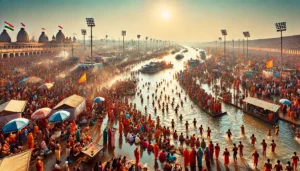 **ALT Text:** "Thousands of pilgrims at the Mahakumbh festival in Prayagraj, taking holy dips in the River Ganga and worshipping the Sun. The scene captures the vibrant atmosphere with devotees performing rituals along the riverbank under the early morning sun."