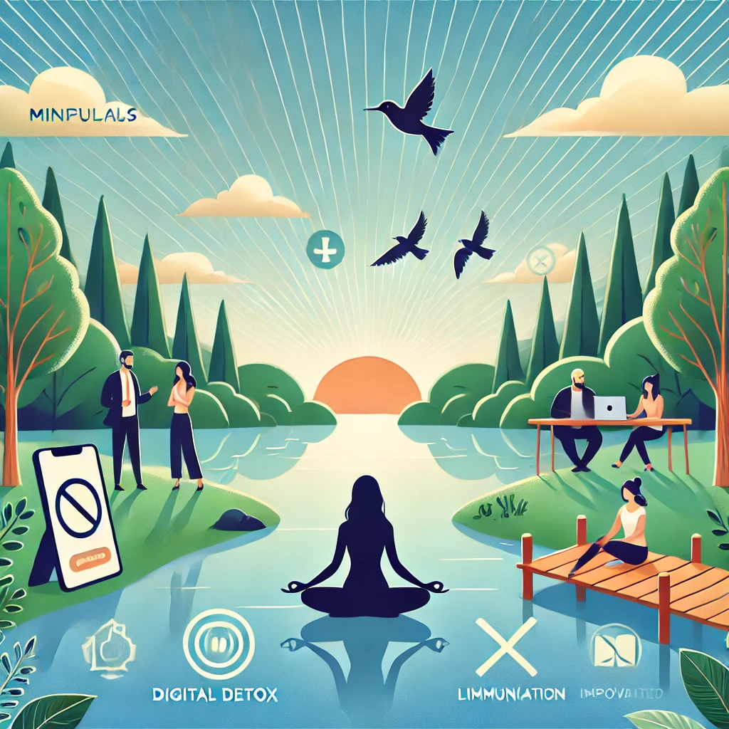 Here is the illustration based on the article about mental health solutions and psychological strategies for coping with digital world challenges. It visually represents mindfulness, digital detox, communication improvement, limited screen time, and support from family and friends.