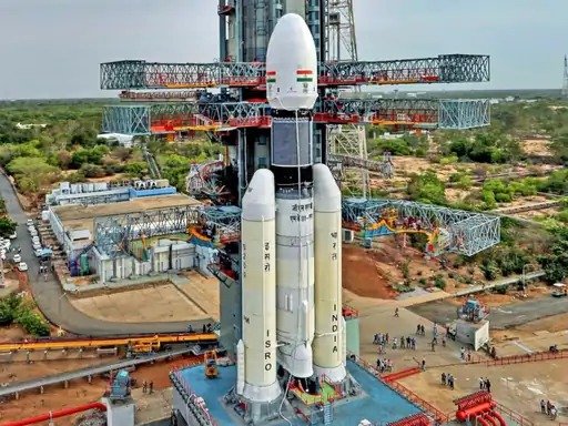 "ISRO's LVM-3 rocket launching a satellite into Earth's lower orbit for enabling direct smartphone calls from space, a revolutionary step in satellite communication technology."