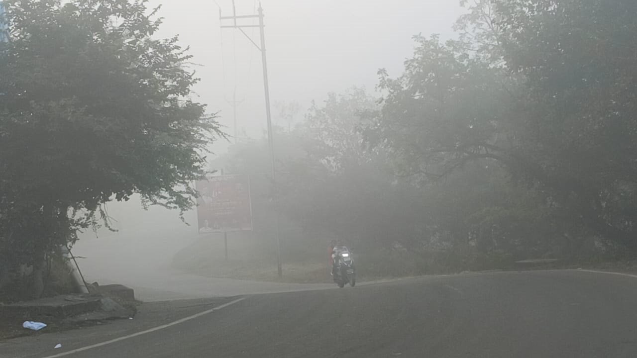 मध्य प्रदेश में शीतलहर का अलर्ट और कोहरे के कारण सड़क पर धीमी गति से चलते वाहन"