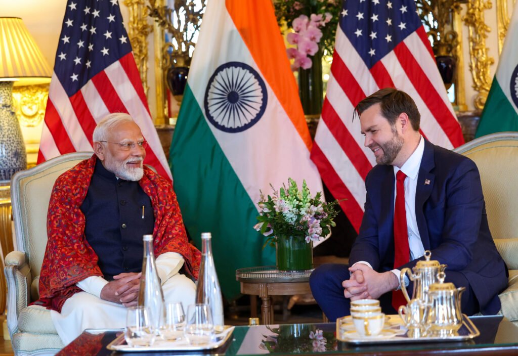 PARIS, FEB 12 (UNI):-Prime Minister Narendra Modi meets the Vice President of the USA JD Vance on the sidelines of the AI Action Summit in Paris, France on Wednesday. UNI PHOTO-25U
